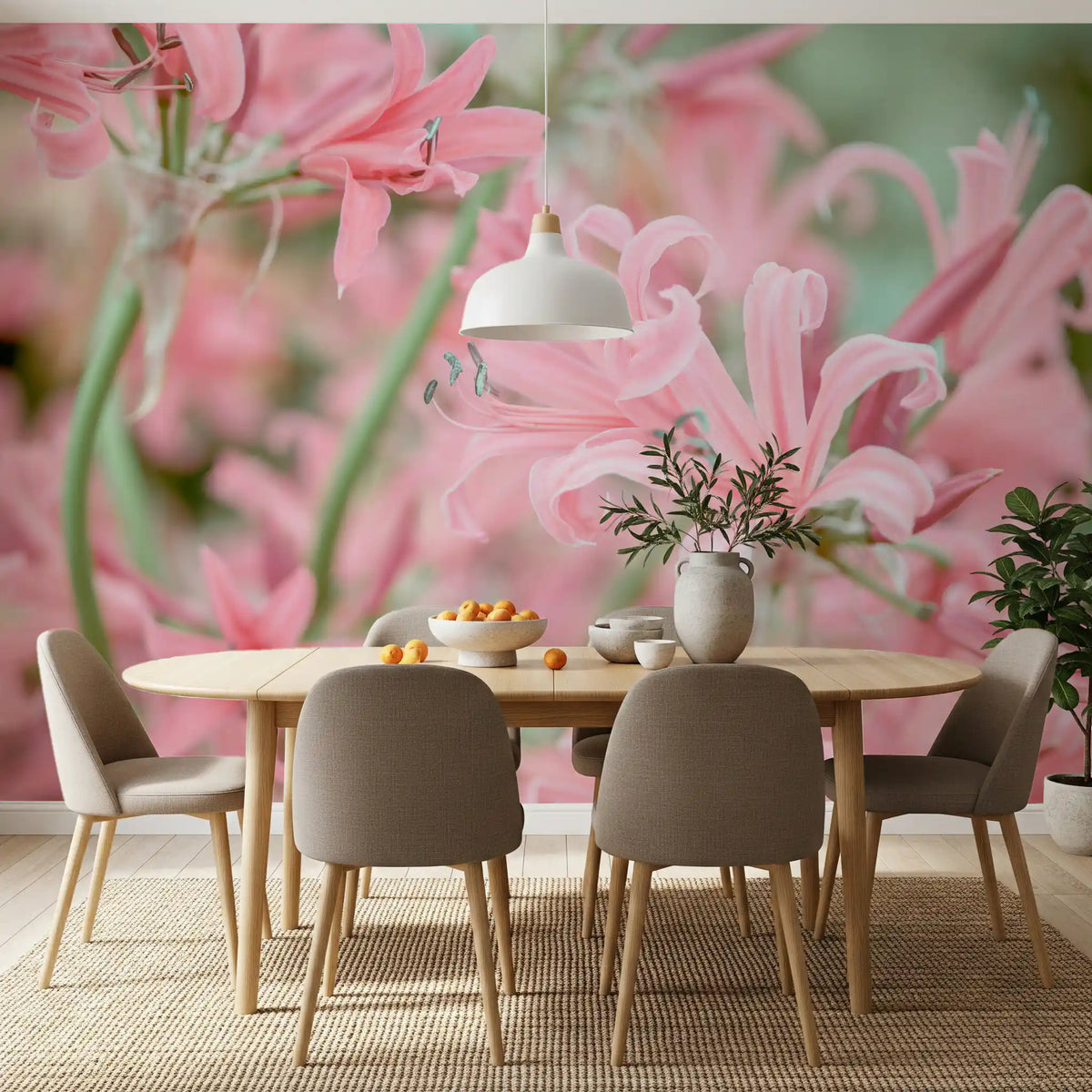 Pink lily floral mural in a dining room with an oval table and vase GD13036
