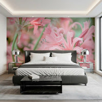 Floral wallpaper in a bedroom with a black bed and chrome lamps GD13036