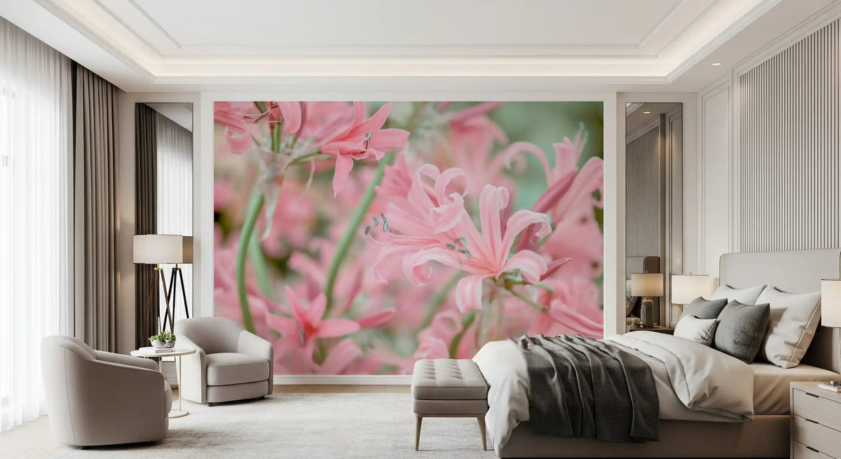 Floral wallpaper in a bedroom with a soft beige bed and armchair GD13036