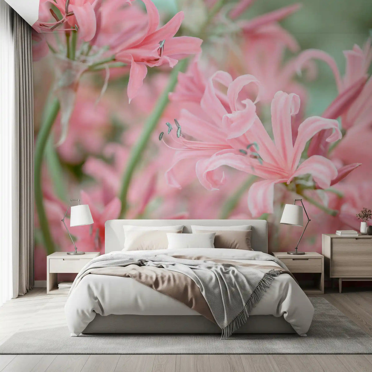 Pink lily floral mural in a bedroom with a grey bed and bedside lamps GD13036
