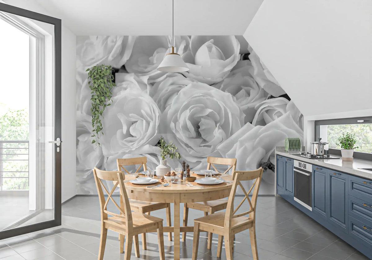 Black and white wallpaper of roses in a bright attic dining space GD13038
