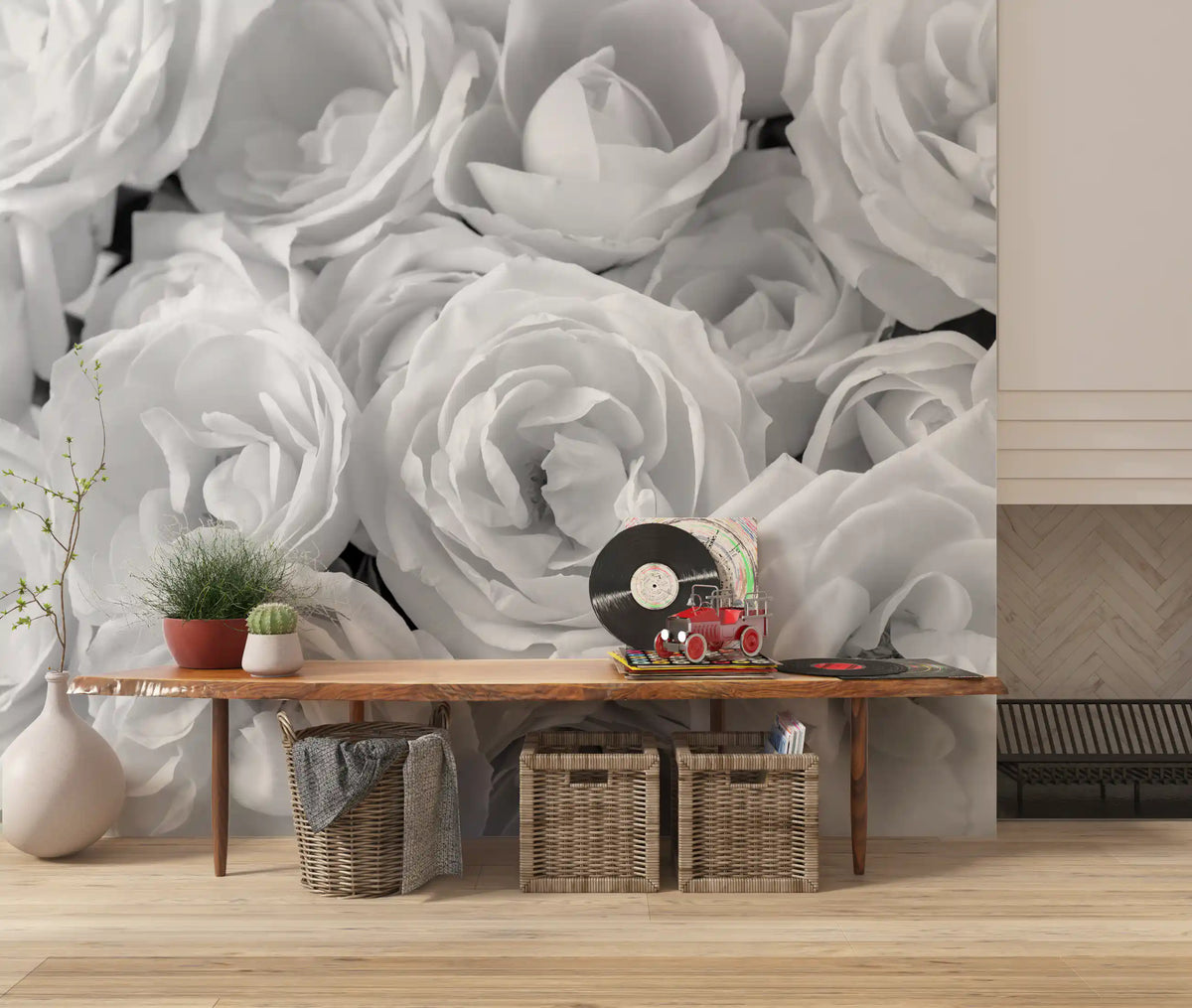 Pale rose mural above a wooden console with plants and vinyl records GD13038