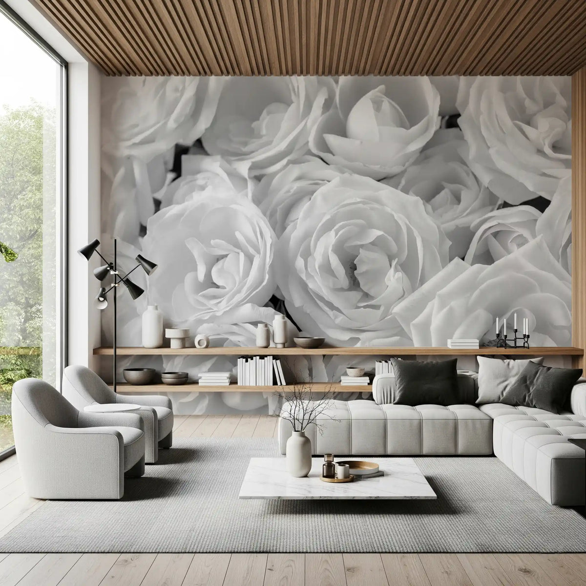 Black and white wallpaper of soft roses in a modern slat-ceiling living room GD13038