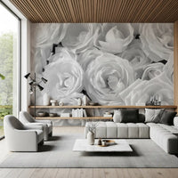 Black and white wallpaper of soft roses in a modern slat-ceiling living room GD13038