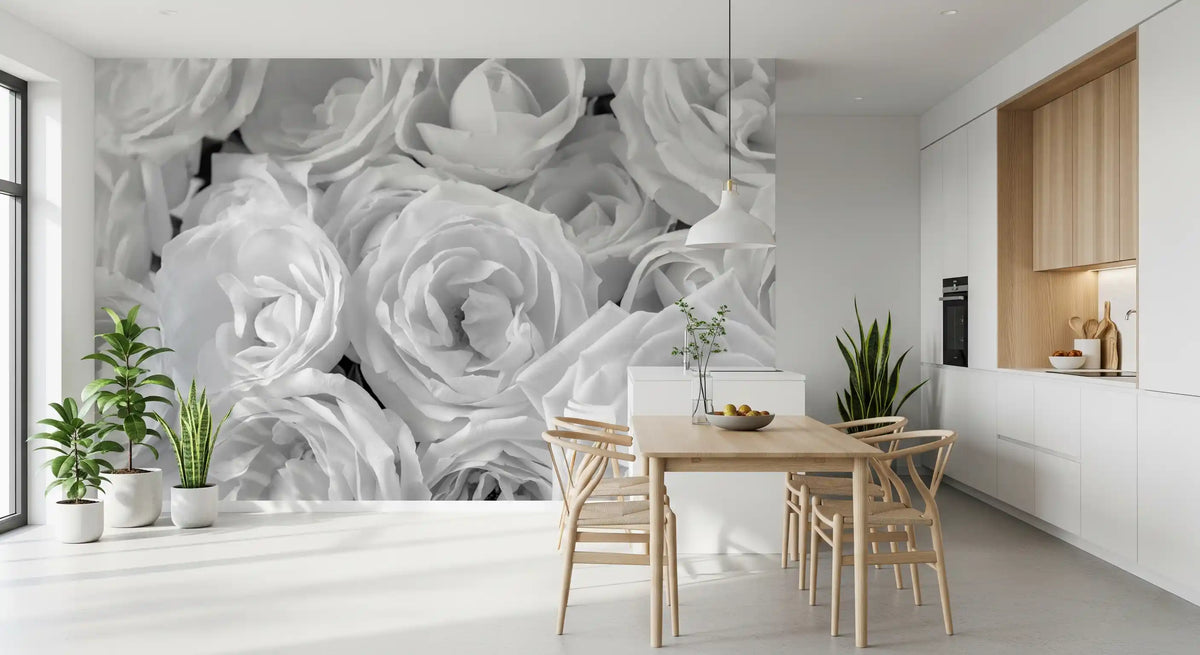 White rose mural in a clean kitchen dining area with pale wood GD13038