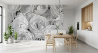 White rose mural in a clean kitchen dining area with pale wood GD13038