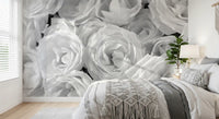Monochrome rose black and white wallpaper behind a grey and white bedroom GD13038