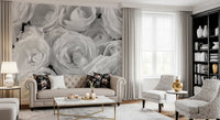 Monochrome rose wallpaper in a classic cream living room with bookcase GD13038
