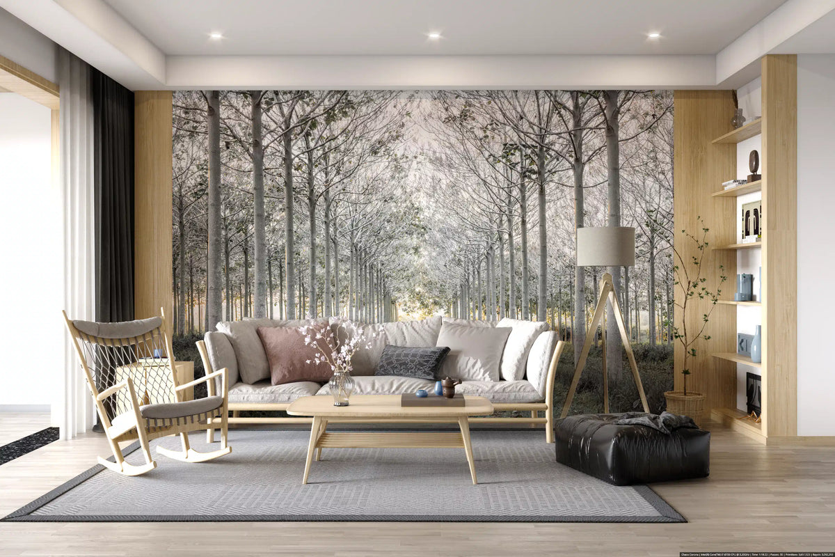 Forest wallpaper of slim trees behind a neutral living room with rocking chair GD13039