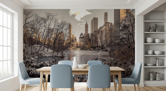 City wallpaper of a winter skyline behind a dining table with blue chairs GD13040
