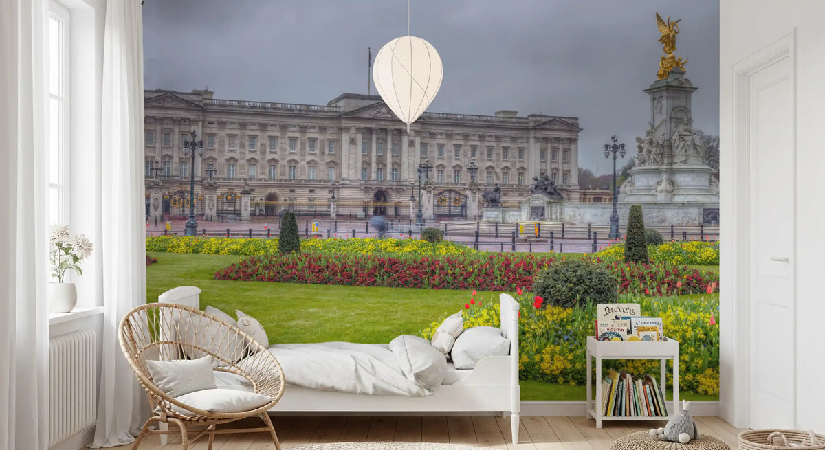 London wallpaper of a palace vista in a bright corner with rattan chair GD13041