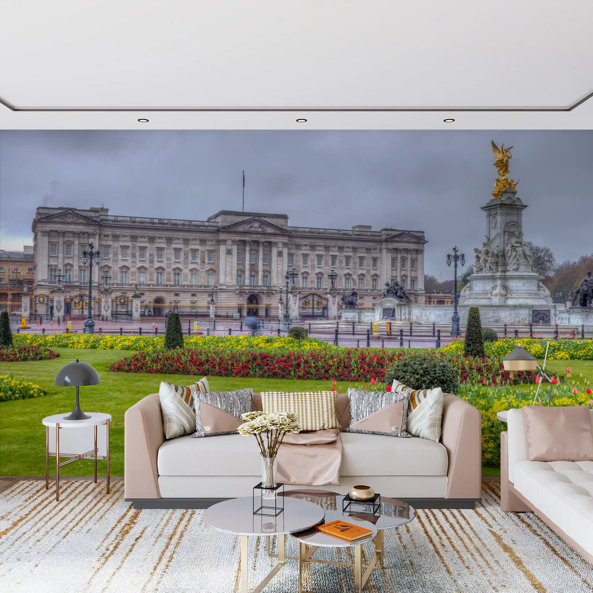 London wallpaper of a palace behind a blush sofa and striped rug GD13041