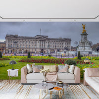 London wallpaper of a palace behind a blush sofa and striped rug GD13041