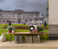 Palace garden London wallpaper above a wooden console with plants GD13041