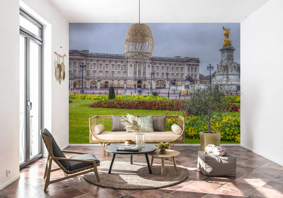 Spring palace garden mural in a sunlit living room with cane bench GD13041