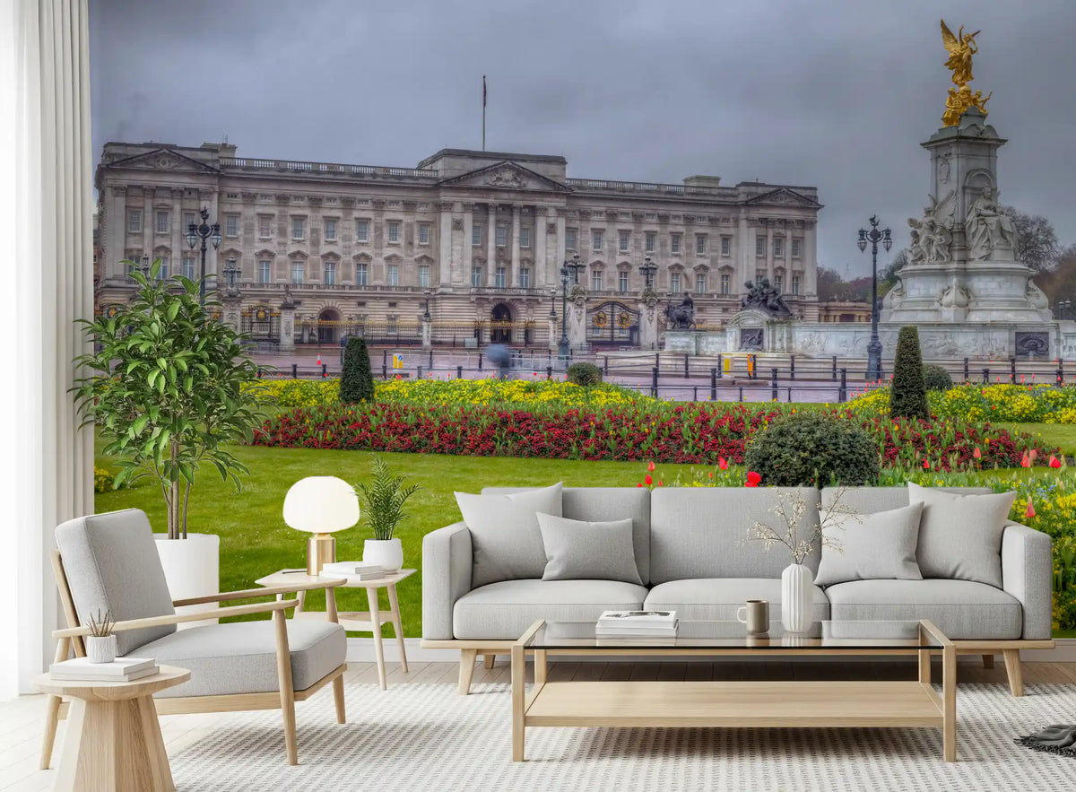 Spring garden mural behind a grey sofa and armchair in a living room GD13041