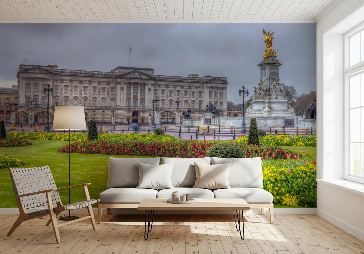 London wallpaper of a palace garden behind a white sofa in a living room GD13041