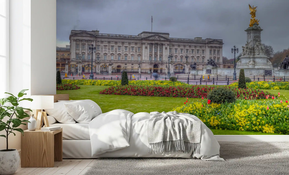 Palace garden wallpaper behind a soft white bed with throw GD13041