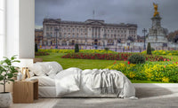 Palace garden wallpaper behind a soft white bed with throw GD13041