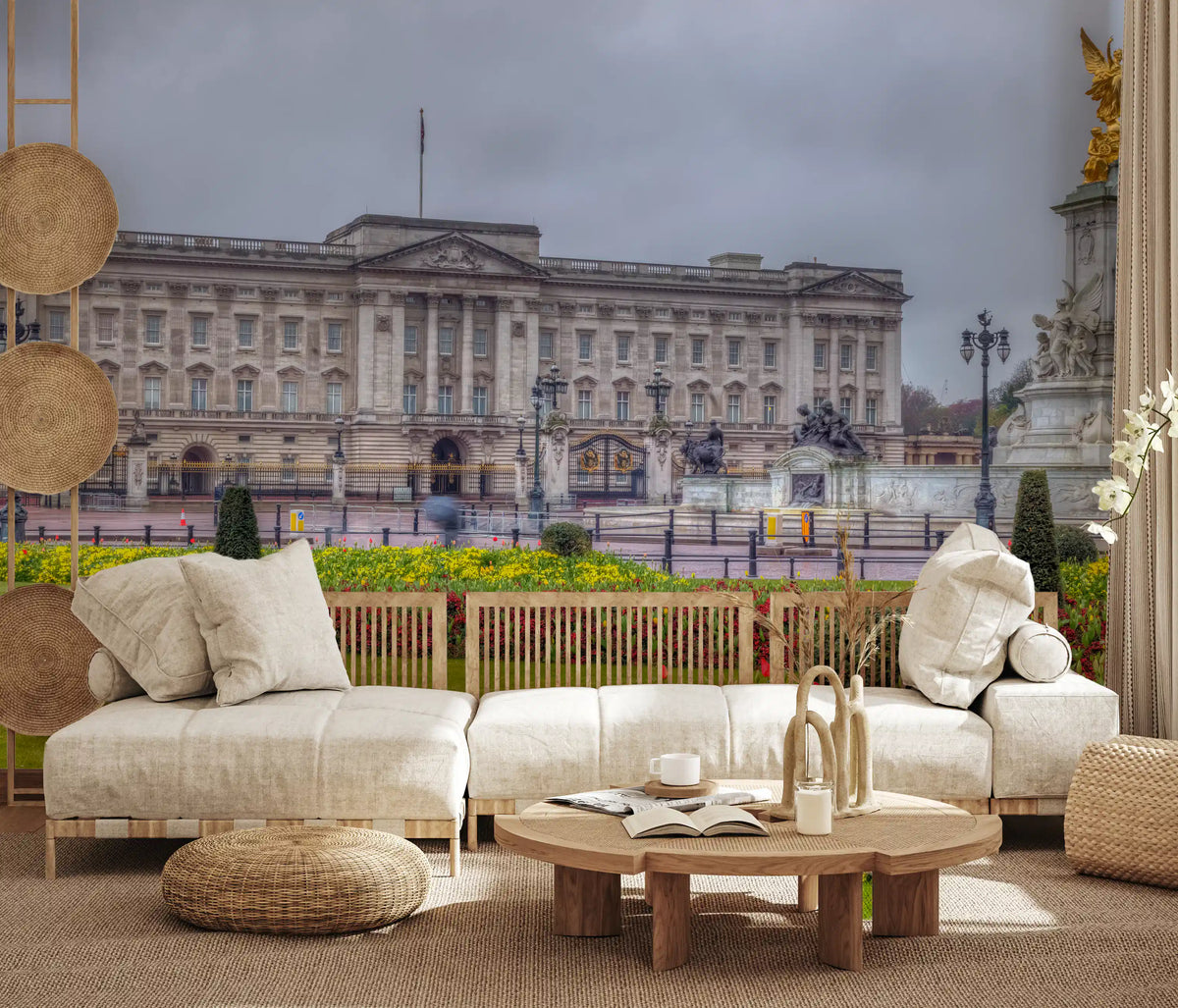 Spring garden London wallpaper in a bright living room with modular sofa GD13041