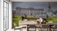 Palace garden mural behind a round dining table and pale chairs GD13041
