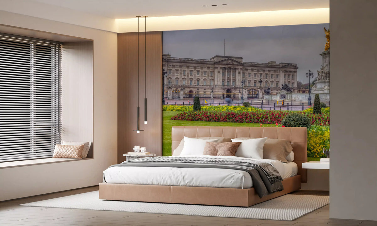 London wallpaper of a spring palace behind a tan bed in a soft bedroom GD13041
