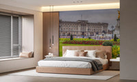 London wallpaper of a spring palace behind a tan bed in a soft bedroom GD13041