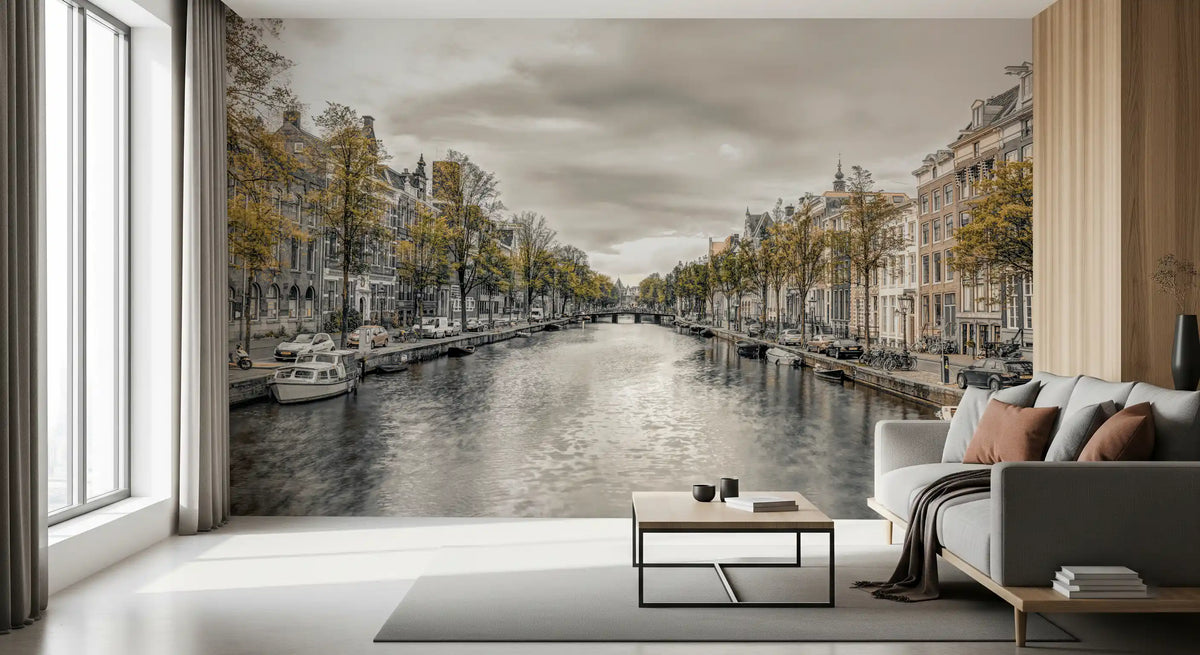 Autumn canal mural behind a grey sofa in a bright modern living room GD13043
