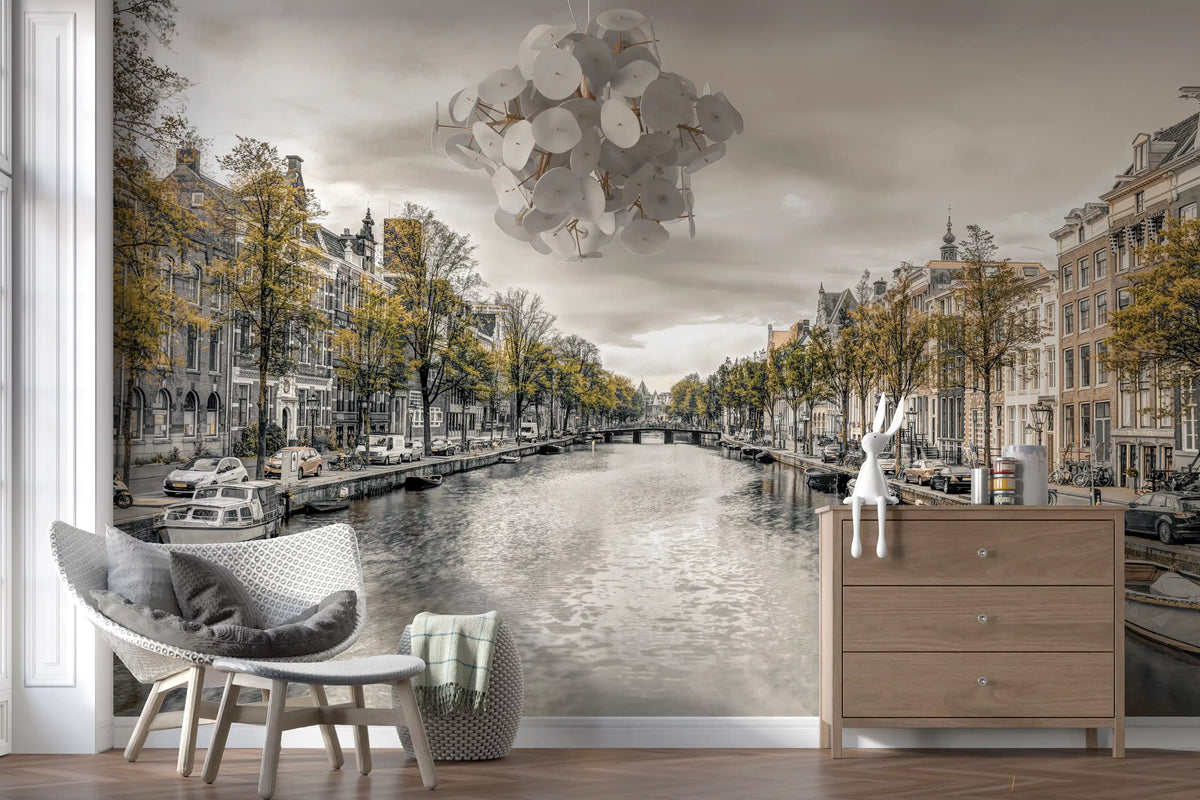 City wallpaper of a Dutch canal in a bedroom corner with grey chair GD13043