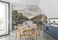 Dutch canal city wallpaper in a bright kitchen dining nook GD13043