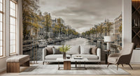 City wallpaper of a Dutch canal behind a cream sofa in a living room GD13043