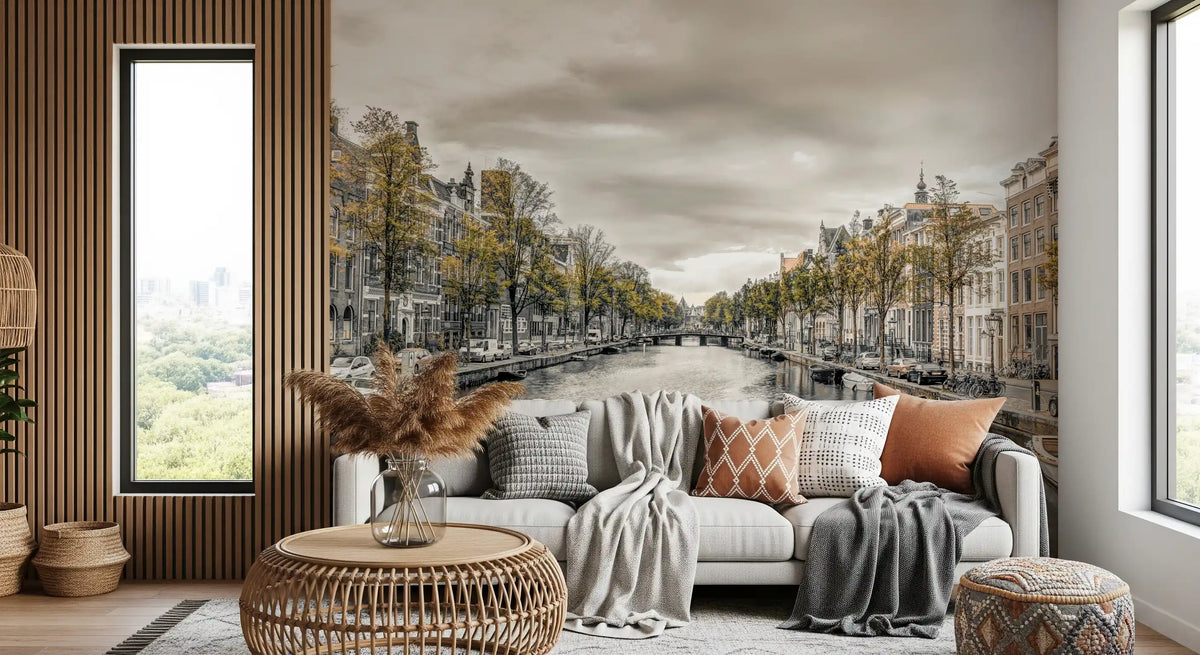 Canal city wallpaper behind a grey sofa in a slat-panel living room GD13043