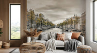 Canal city wallpaper behind a grey sofa in a slat-panel living room GD13043