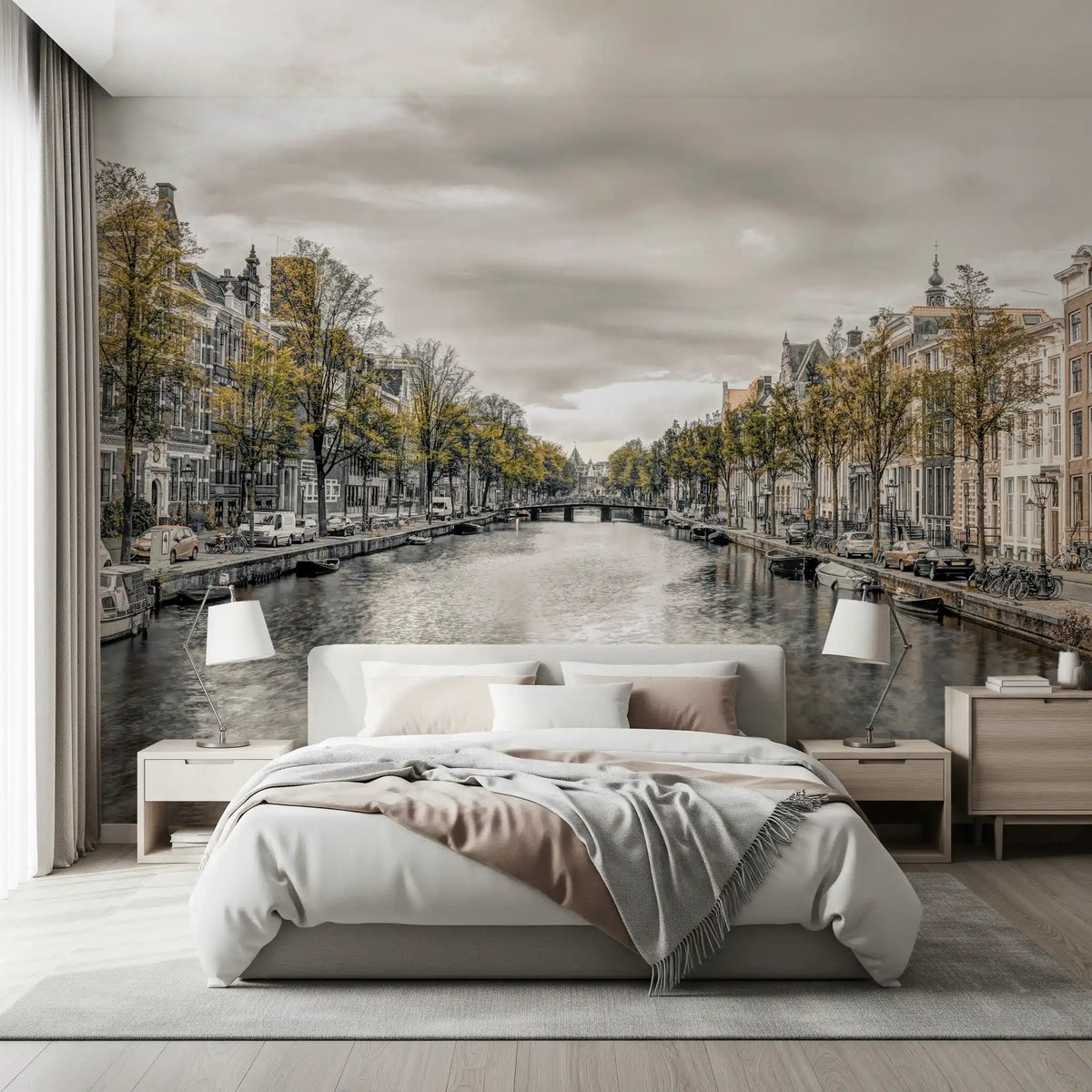 Canal architecture mural behind a soft bed in a calm bedroom GD13043