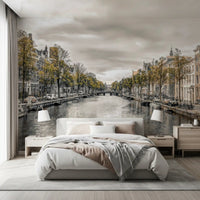 Canal architecture mural behind a soft bed in a calm bedroom GD13043