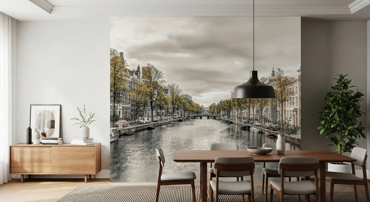 Dutch canal mural behind a wooden dining table and chairs GD13043