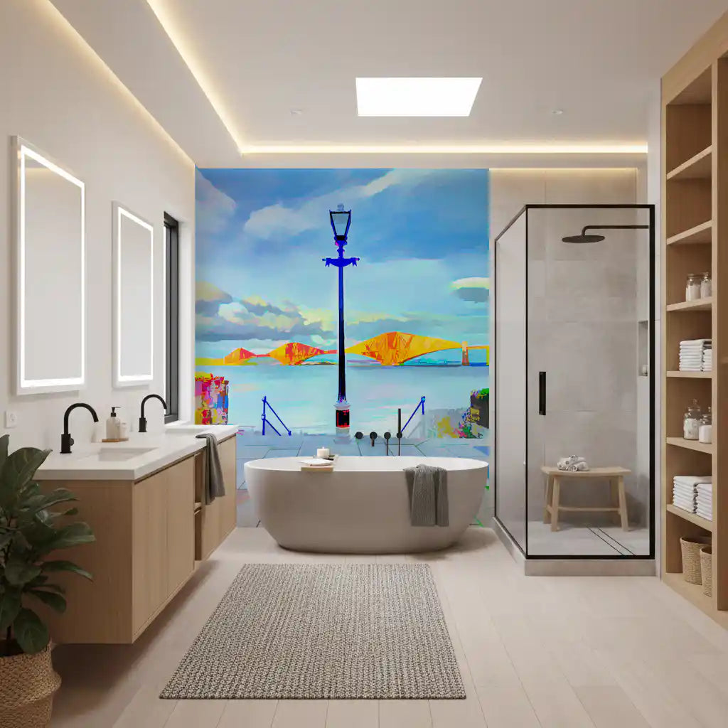 Bathroom with a freestanding tub and the riverside bridge mural wall GD13044