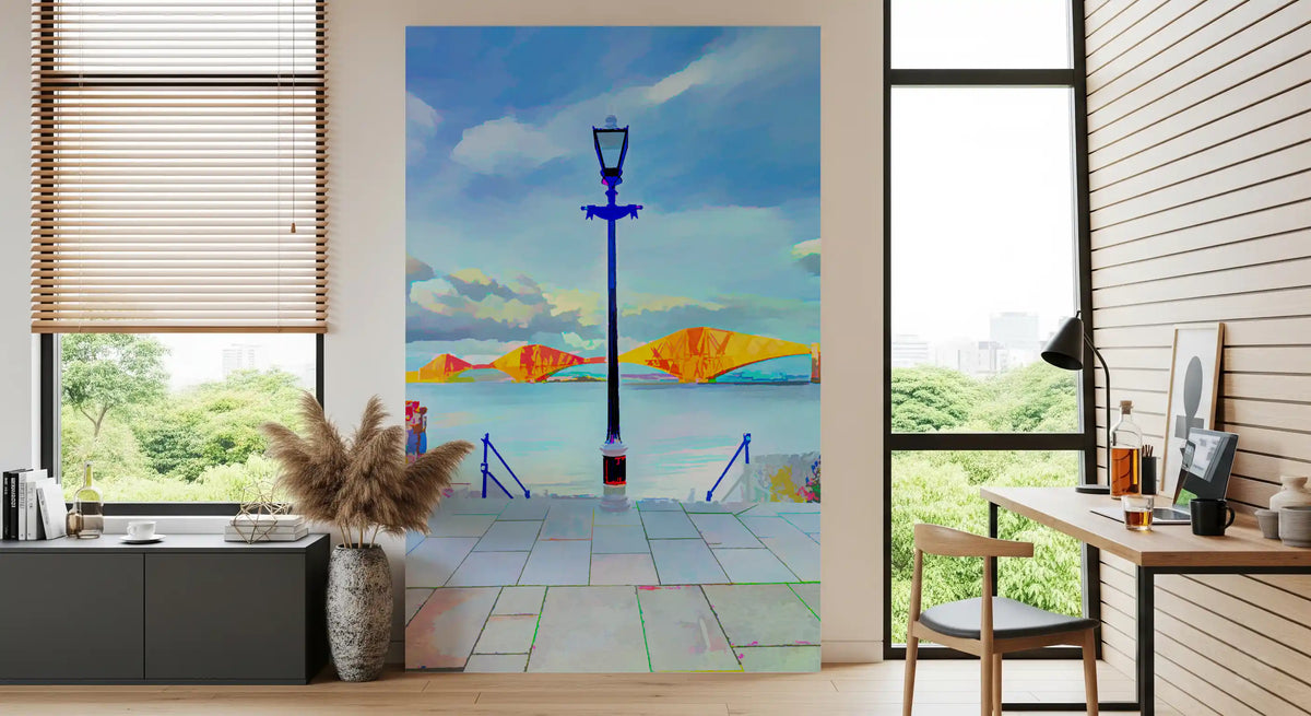 Bridge mural artistic wallpaper in a home office beside a bright window GD13044