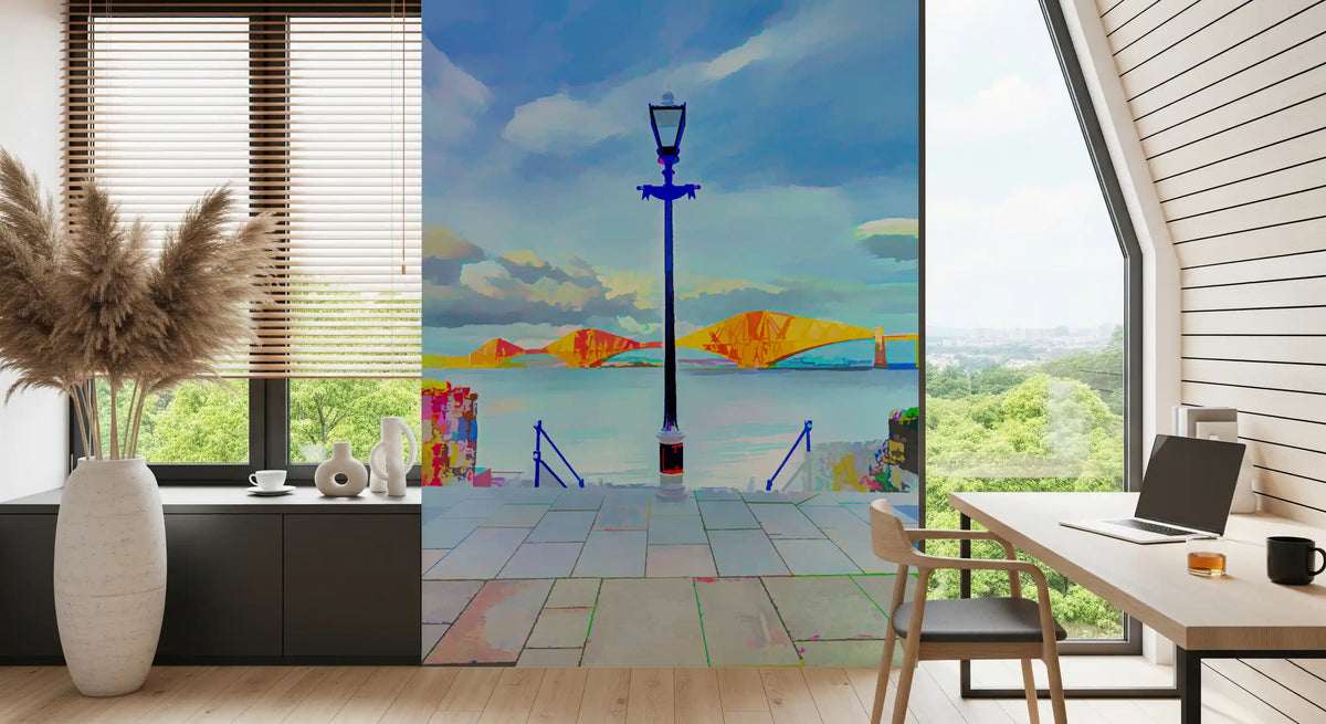 Painterly bridge mural in a study with a desk and computer by the window GD13044