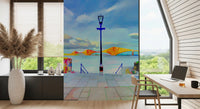 Painterly bridge mural in a study with a desk and computer by the window GD13044