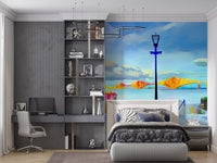 Grey bedroom with riverside bridge artistic wallpaper on the accent wall GD13044