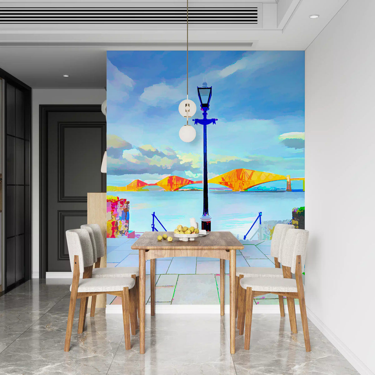 Dining room feature wall with the colourful riverside bridge mural GD13044