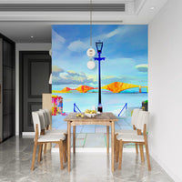 Dining room feature wall with the colourful riverside bridge mural GD13044