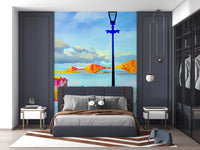 Modern bedroom showing the artistic bridge wallpaper behind a grey bed GD13044