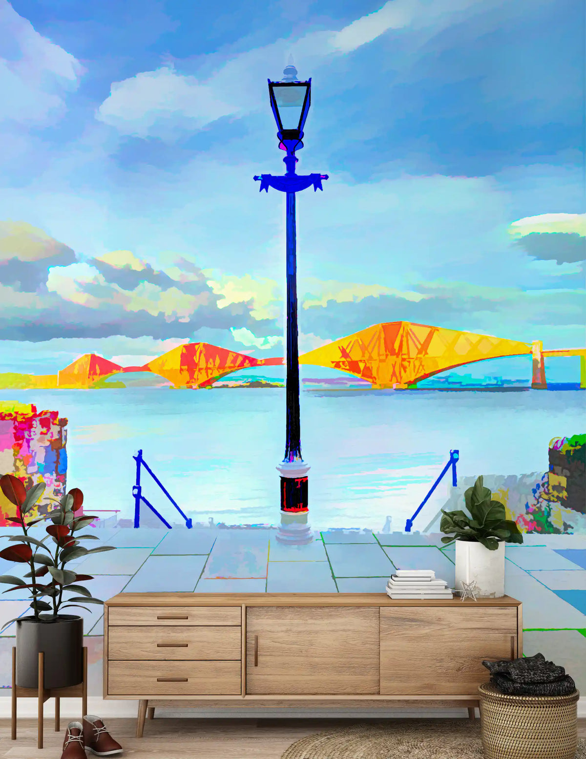 Living space with a sideboard below the painterly riverside bridge mural GD13044
