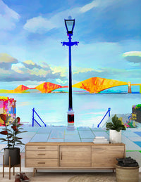 Living space with a sideboard below the painterly riverside bridge mural GD13044