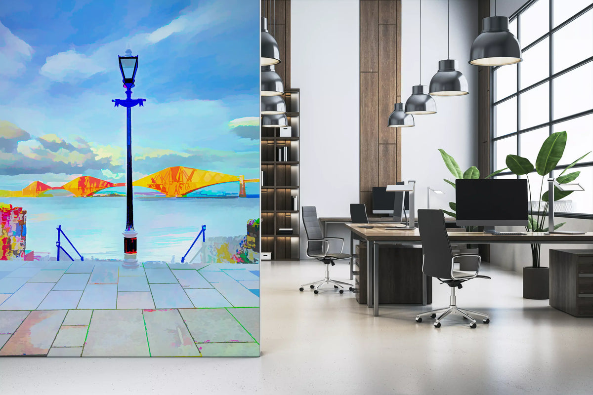 Open office with desks and the artistic bridge wallpaper feature wall GD13044