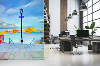 Open office with desks and the artistic bridge wallpaper feature wall GD13044