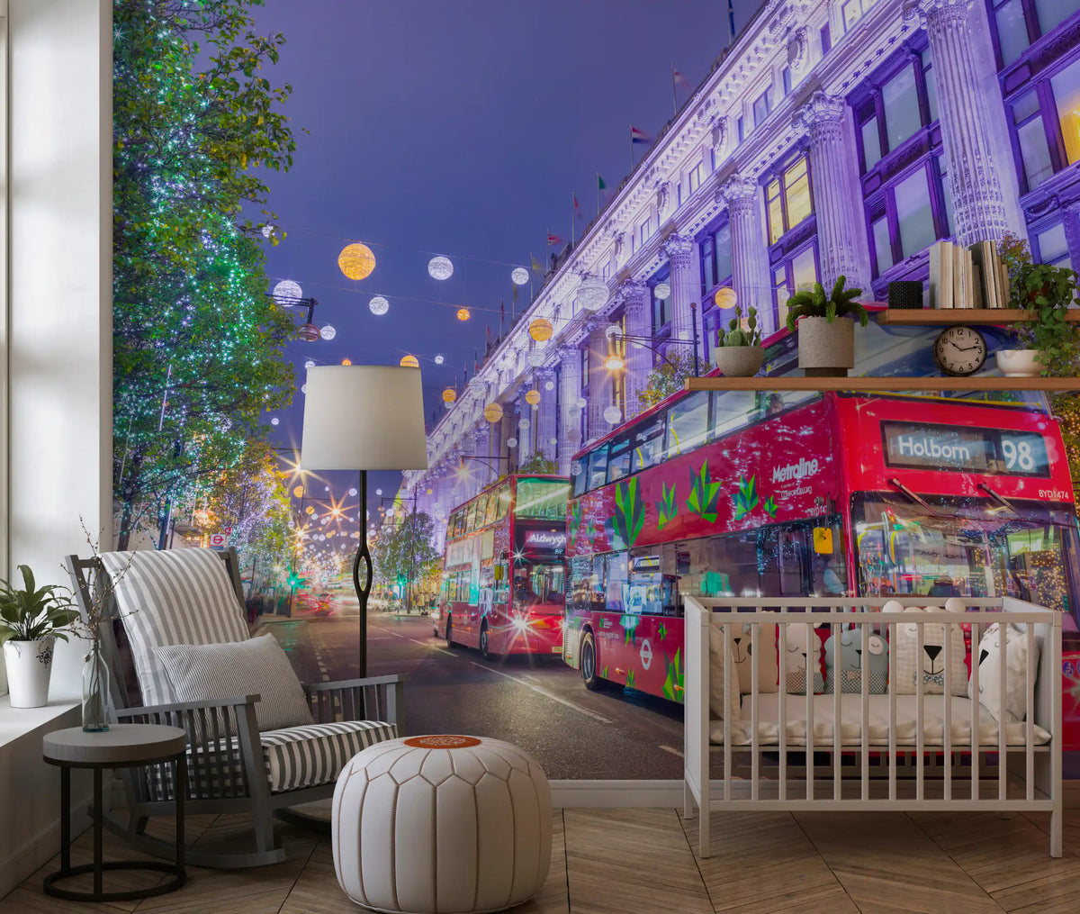 Nursery corner with a crib and the festive London street mural wall GD13045