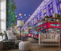 Nursery corner with a crib and the festive London street mural wall GD13045